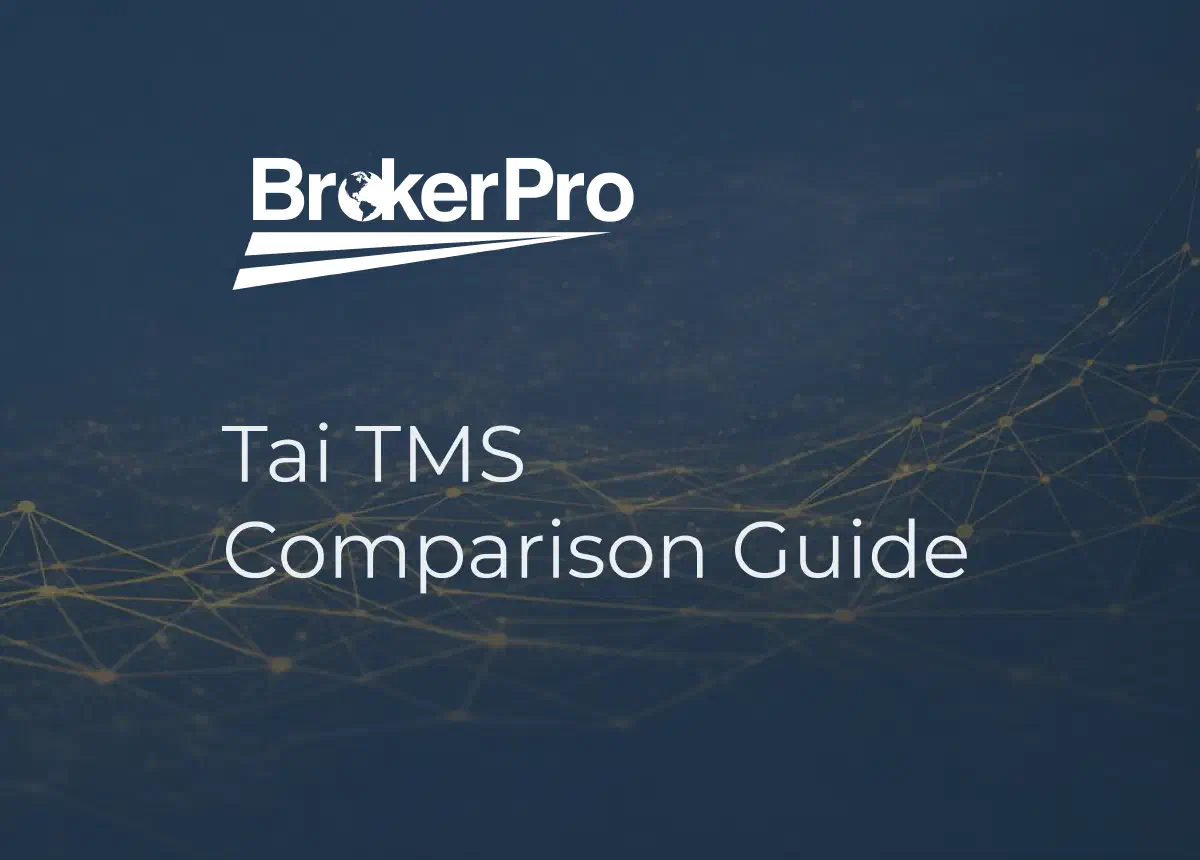 BrokerPro and Tai TMS comparison guide graphic over a freight technology network.