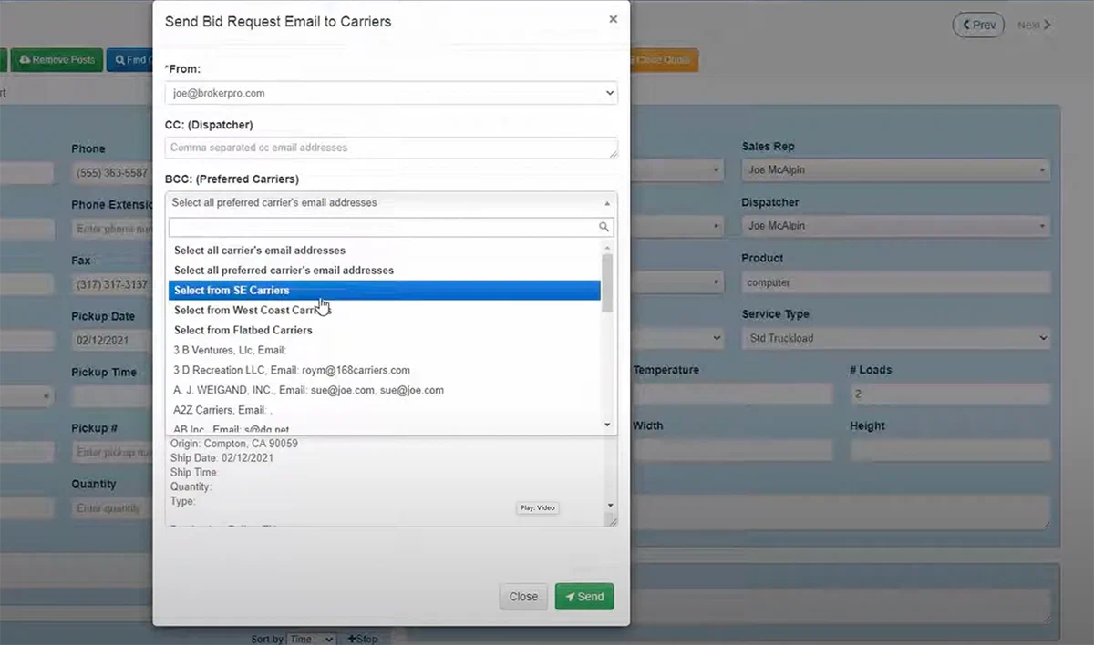 BrokerPro carrier capacity management screenshot
