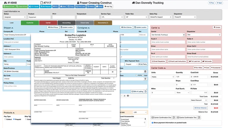 LTL booking and documentation screenshot